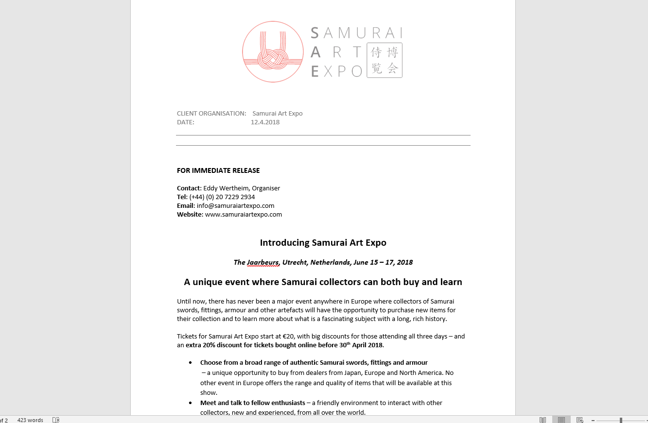Samurai Art Expo digital press release