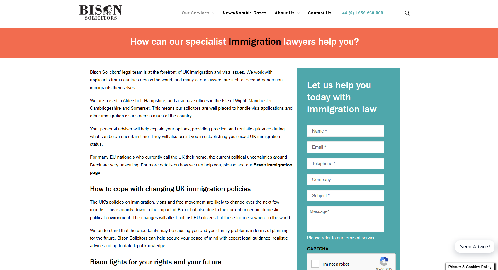 Bison Solicitors - immigration lawyers web page