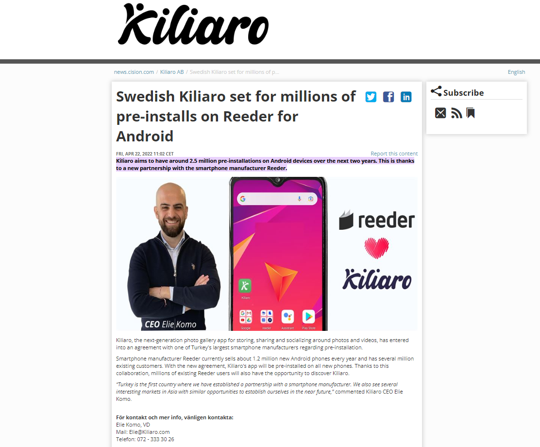 Kiliaro press release