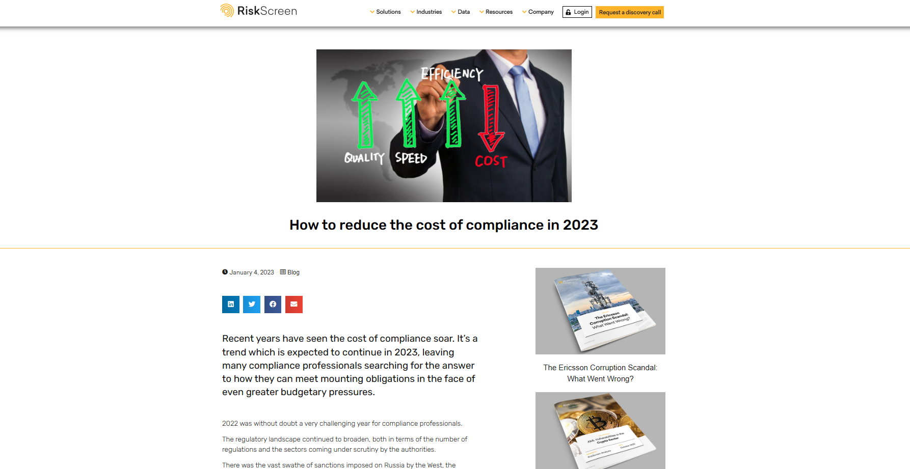 <b>RiskScreen software </b> : Cost of Compliance article I
