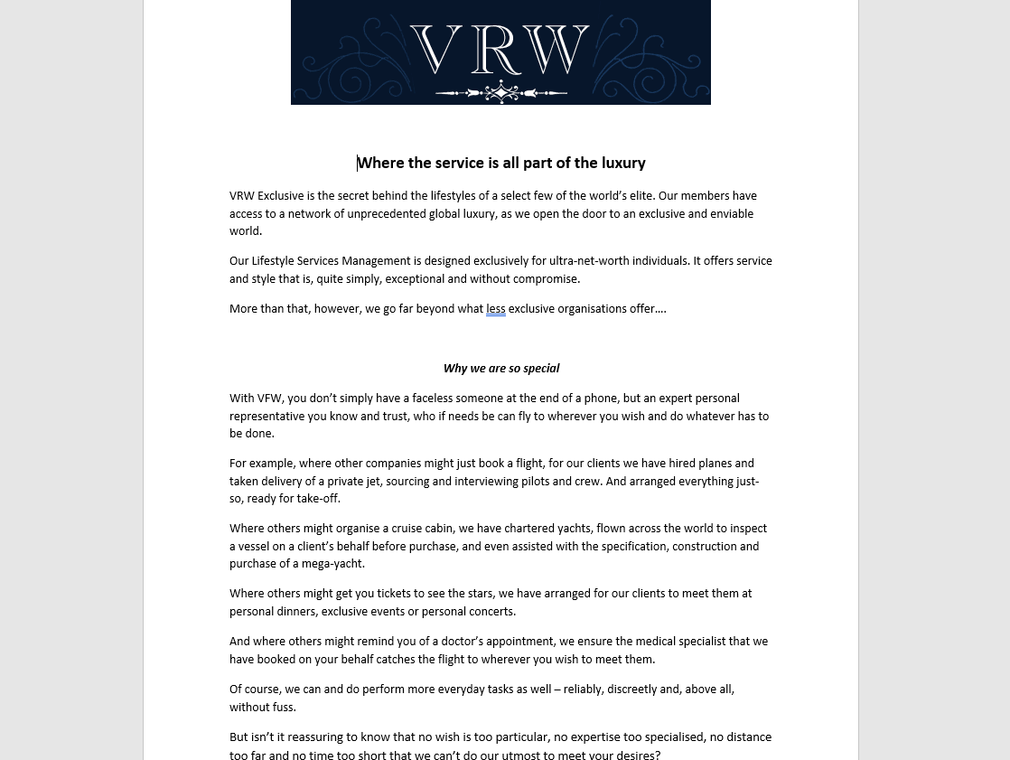 <b>VRW Exclusive</b>HNW Concierge brochure