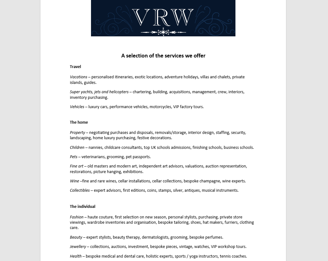VRW HNW Concierge brochure copy